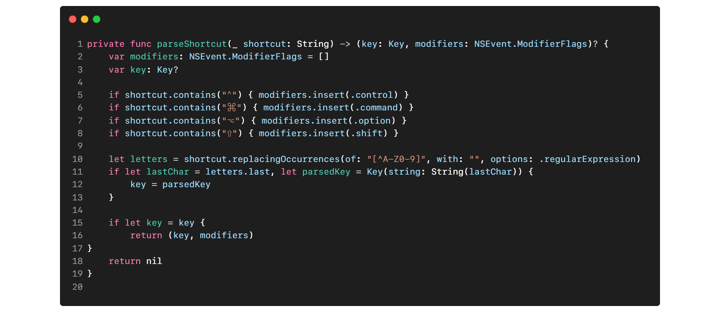 Parser de atalhos HotkeyManager.swift