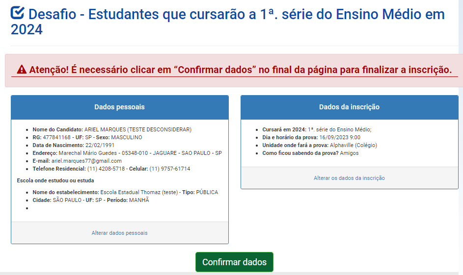 Versão anterior da tela de conferência de dados, com alerta para confirmação final