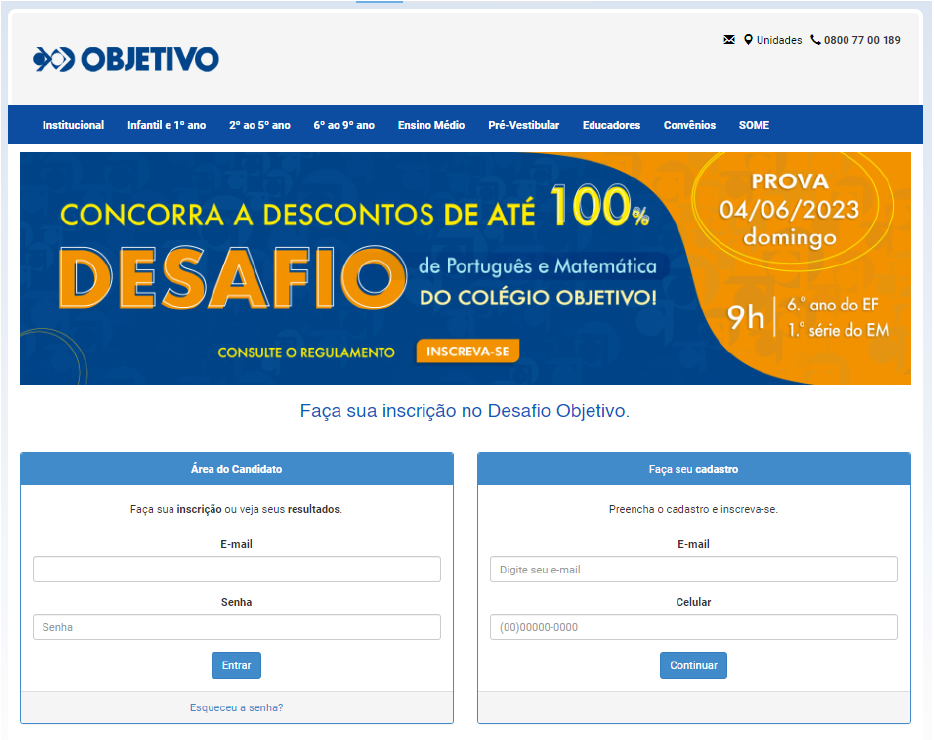 Versão anterior da página de inscrição, com login e cadastro apresentados separadamente