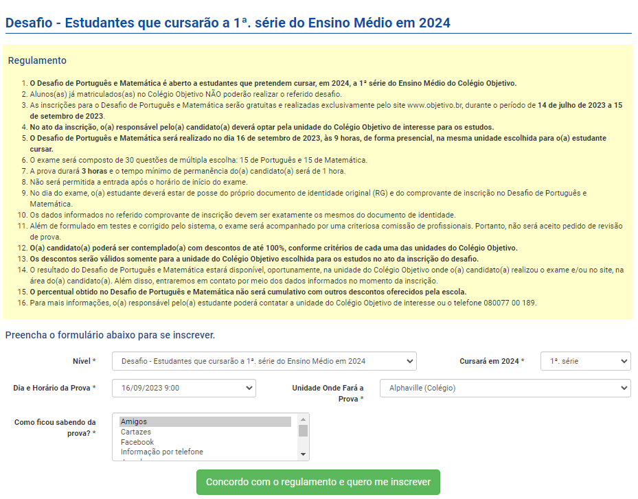 Versão anterior da página de regulamento e formulário de inscrição do Desafio Objetivo