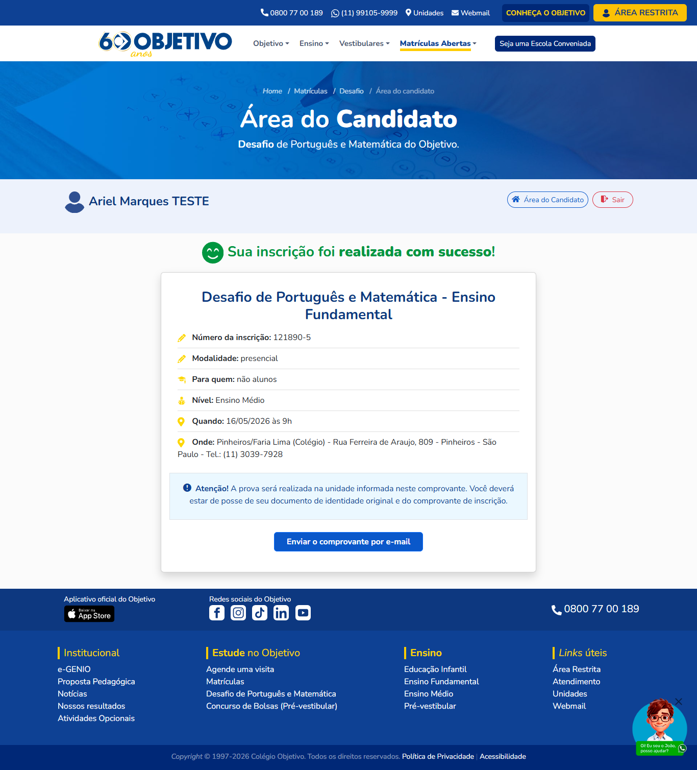 Tela atual confirmando que a inscrição foi realizada com sucesso