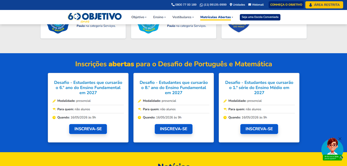 Página atual do Curso Objetivo com os cards de inscrição para o Desafio de Português e Matemática