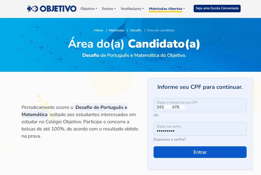 Tela atual da Área do Candidato após identificar um CPF já cadastrado, exibindo o campo de senha