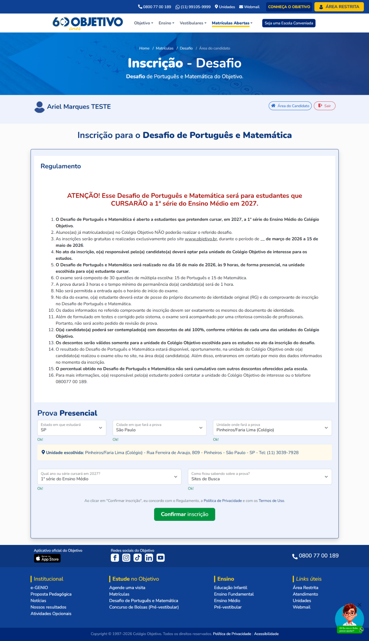 Tela atual de regulamento e configuração da inscrição do Desafio Objetivo