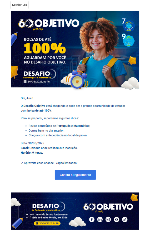 E-mail de lembrete enviado antes da realização do Desafio Objetivo