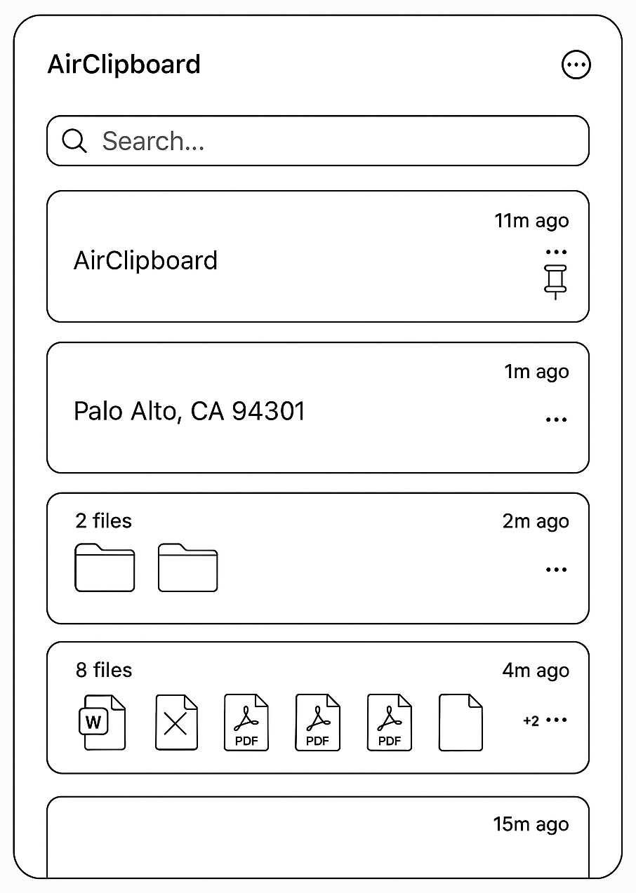 Sketches e wireframes do AirClipboard